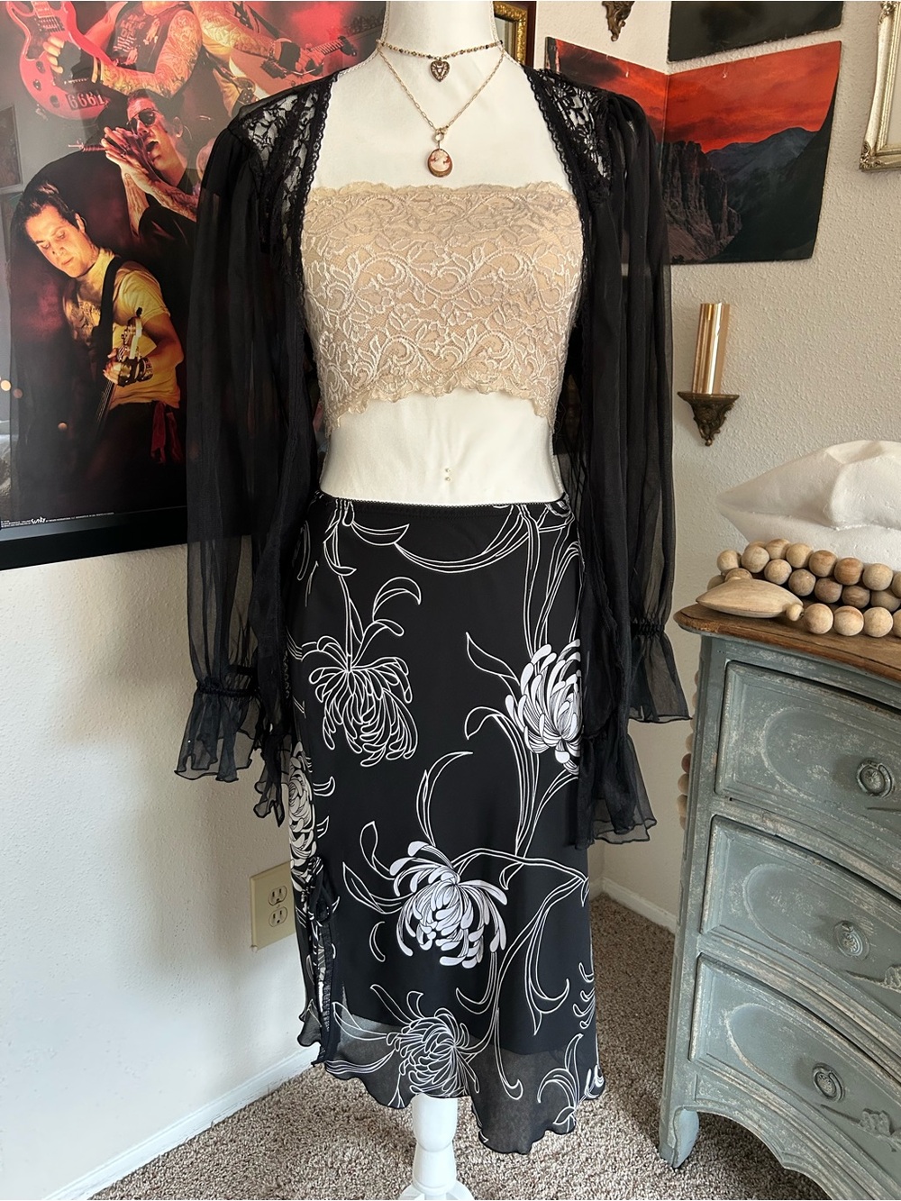 Vintage Star City Midi Skirt Size S Black Floral Sheer Overlay 90s Slit Lace Tie